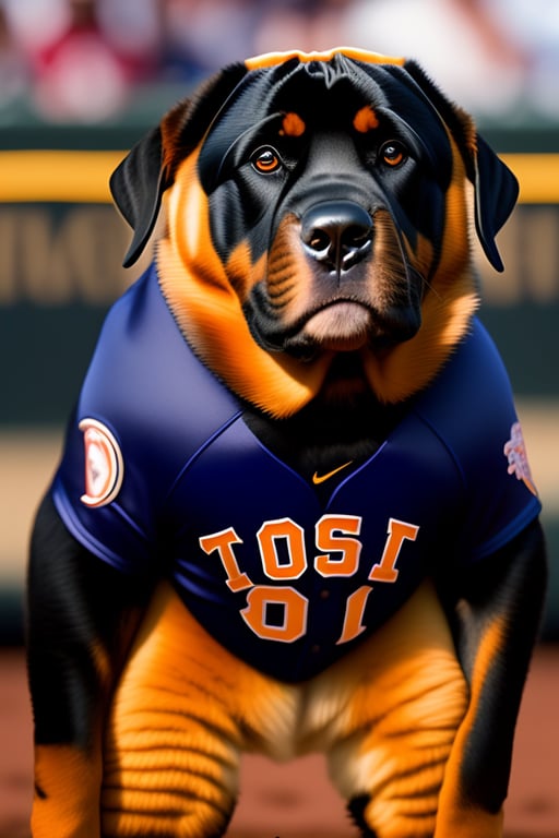 Lexica - A rottweilers baseball uniform mockup, unreal engine, cozy indoor  lighting, artstation, detailed, cinematic, daz, hyperrealistic, octane  ren