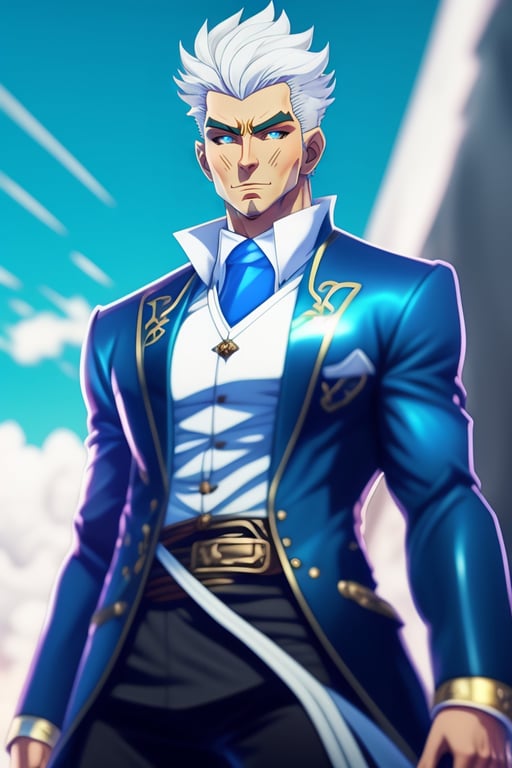 Lexica - White haired man doing a jojo pose with a blue stand behind, super  detailed, anime, ArtStation