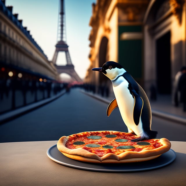 penguin eating pizza