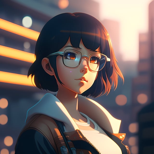 - black-haired anime girl with a lock red hair glasses