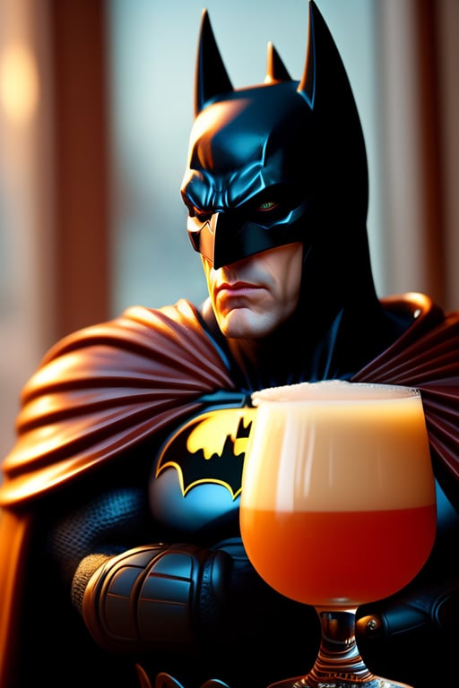 Lexica - photo of batman drinking stout beer in the style of ryan trecartin  in the style of 1990's dj magazine in the united kingdom in a dirty dark  poorly lit pub