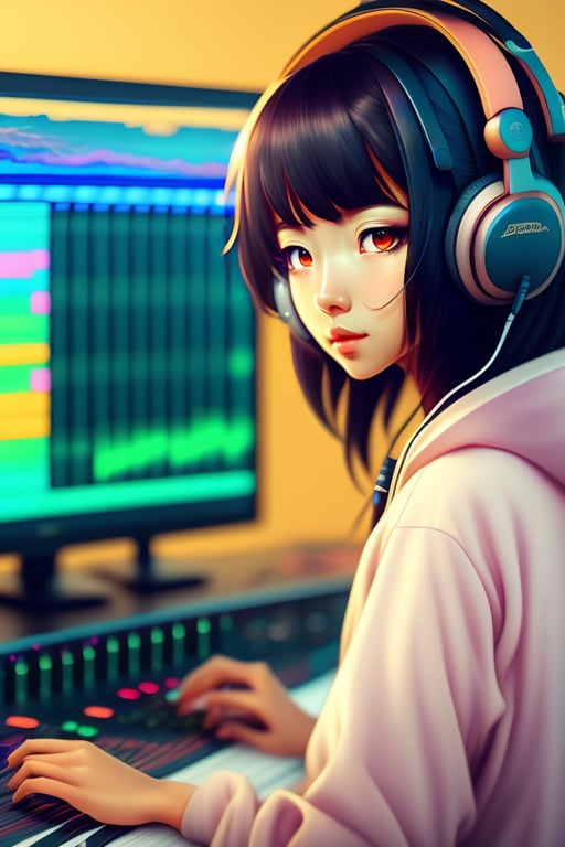 Lexica - illustration of an anime girl making music with fl studio wearing  purple pink and light blue colors