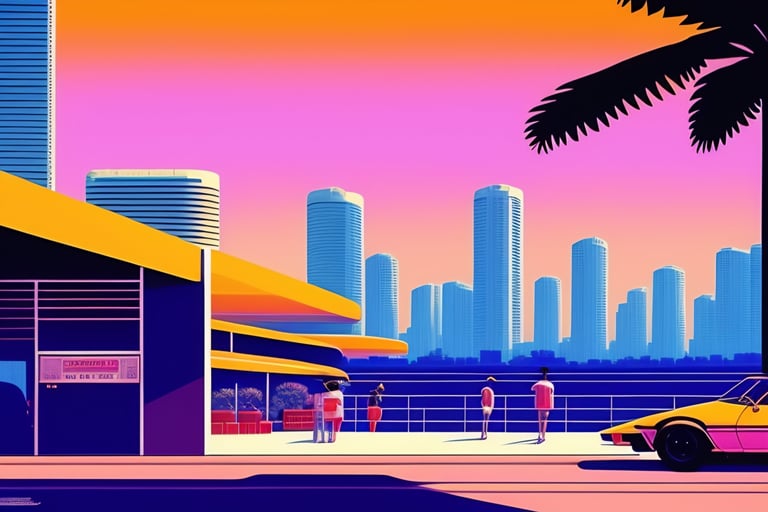 Gorgeous Women 80s Vice City Synthwave Miami Landscape Artstation Winner