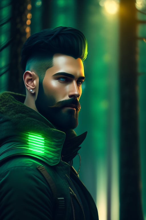 Man with dark medium hair cyberpunk mercenary streetwear muscular soldier  fighter tactical face portrait