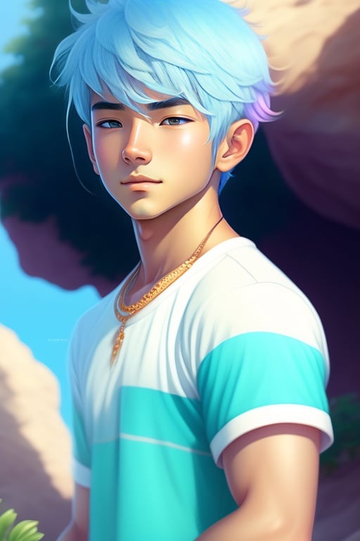 anime boy with blue hair and green eyes