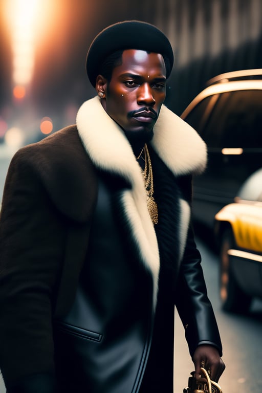 Lexica - Black man with chiseled face wearing a fur jacket, evil smile