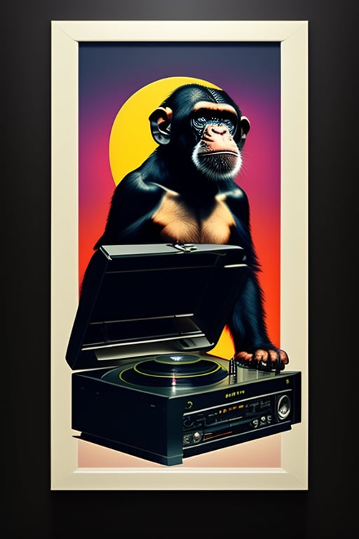  Fokenzary Hand Painted Oil Painting on Canvas Pop Art Cool Ape  Listening Music with Headphone Framed Ready to Hang: Paintings