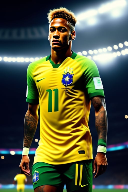 Lexica - Back of a Brazil Footballer wearing 10 yellow brazil team jersey  playing football, backdrop of dawn, saturn in the background,  illustration