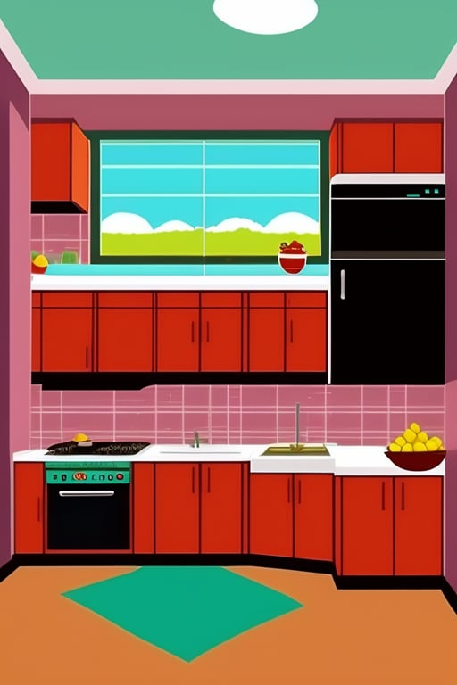 Lexica - 2d cartoon in the style of south park of a 1970s style kitchen  that ajoins the living room. retro,