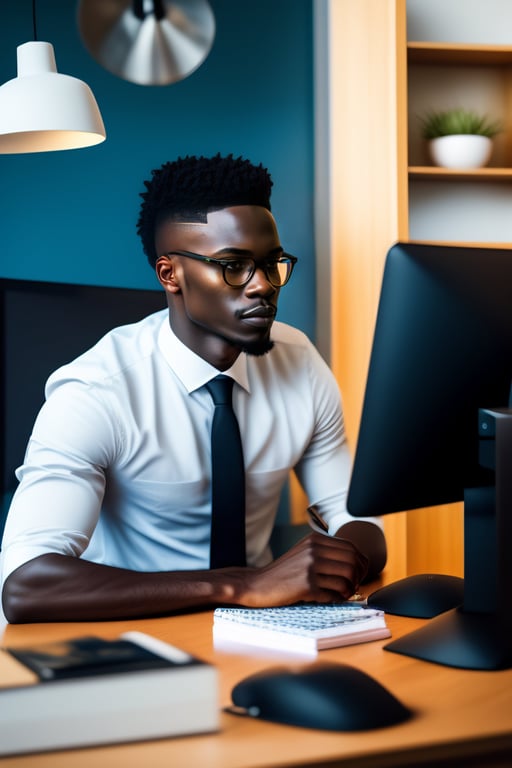 Lexica - Photography of a man sitting on his desk. sideway. wes