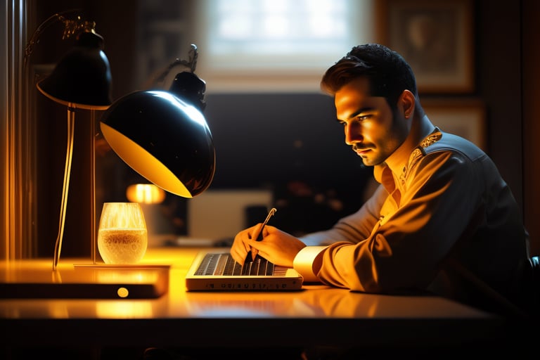 Lexica - Photography of a man sitting on his desk. sideway. wes