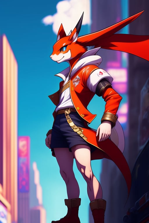 Lexica - A picture of a full body male pokemon trainer in red and white with  a flying charizard in a neo punk city, color full, highly detailed,vinta