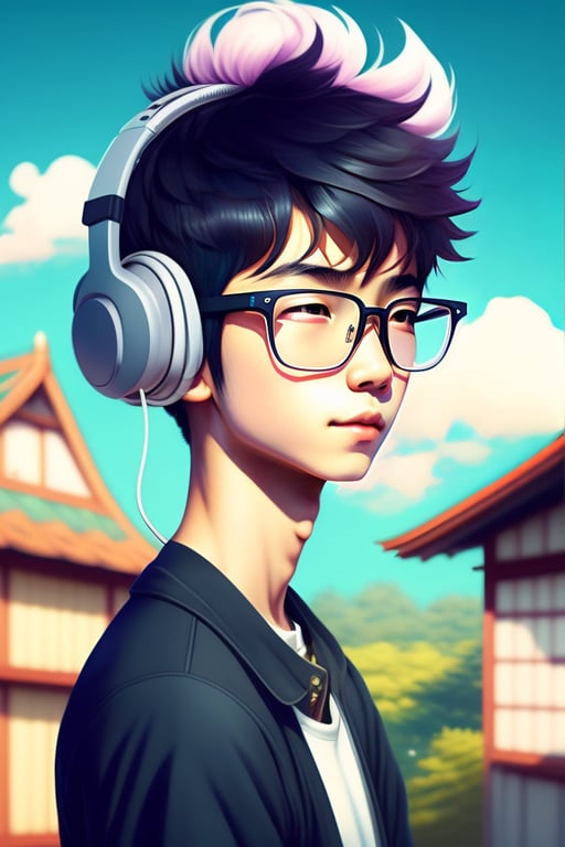 Lexica - Skinny Anime boy, glasses, listening to music with headphone in  roof of house in rural Japaneses city, wide angle, anime boy