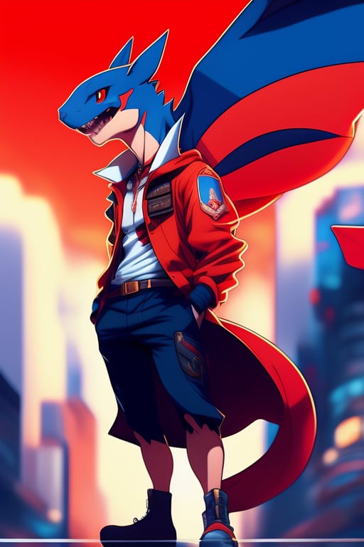 Lexica - A picture of a full body male pokemon trainer in red and white with  a flying charizard in a neo punk city, color full, highly detailed,vinta