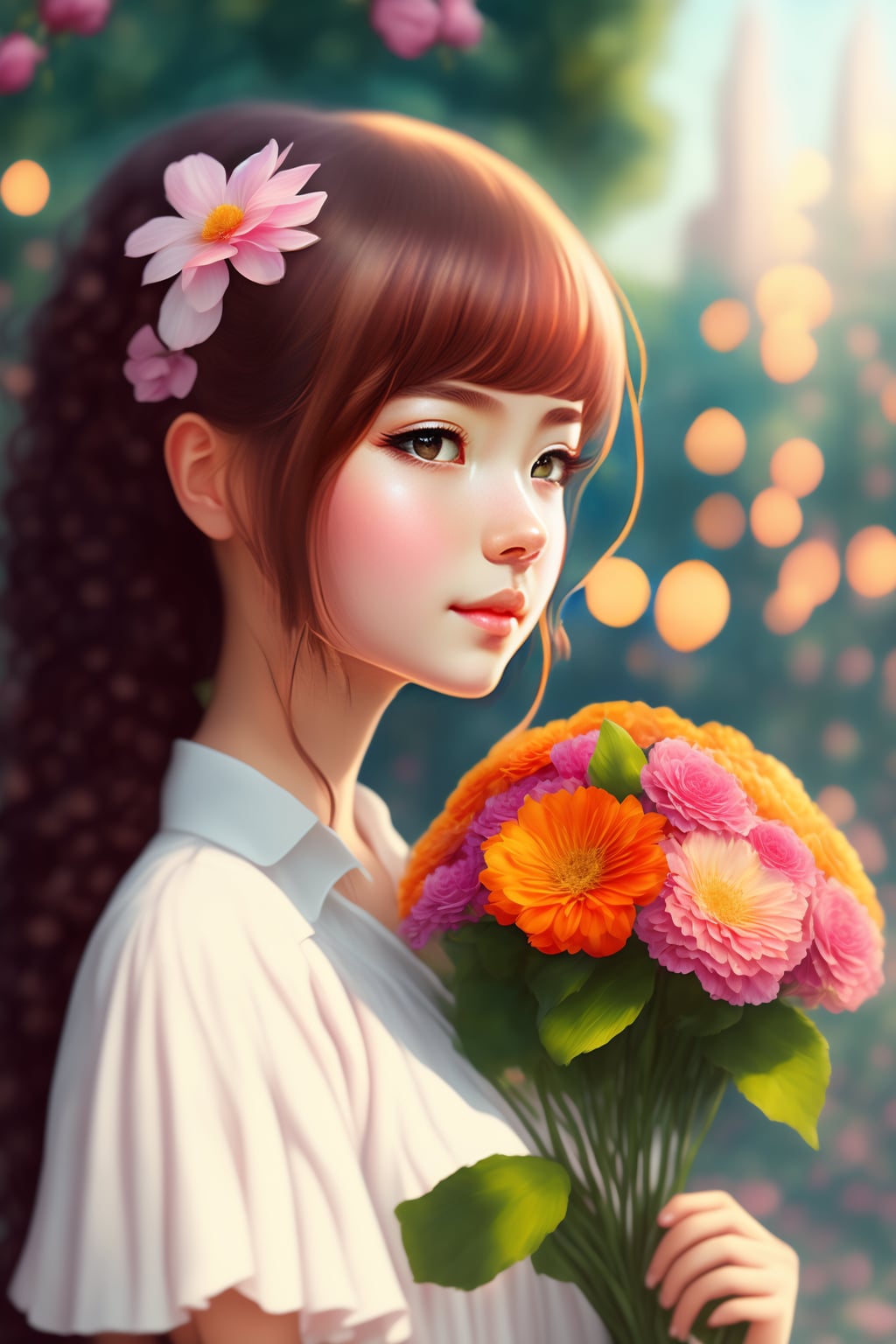 Lexica - girl holding a flower bouquet anime