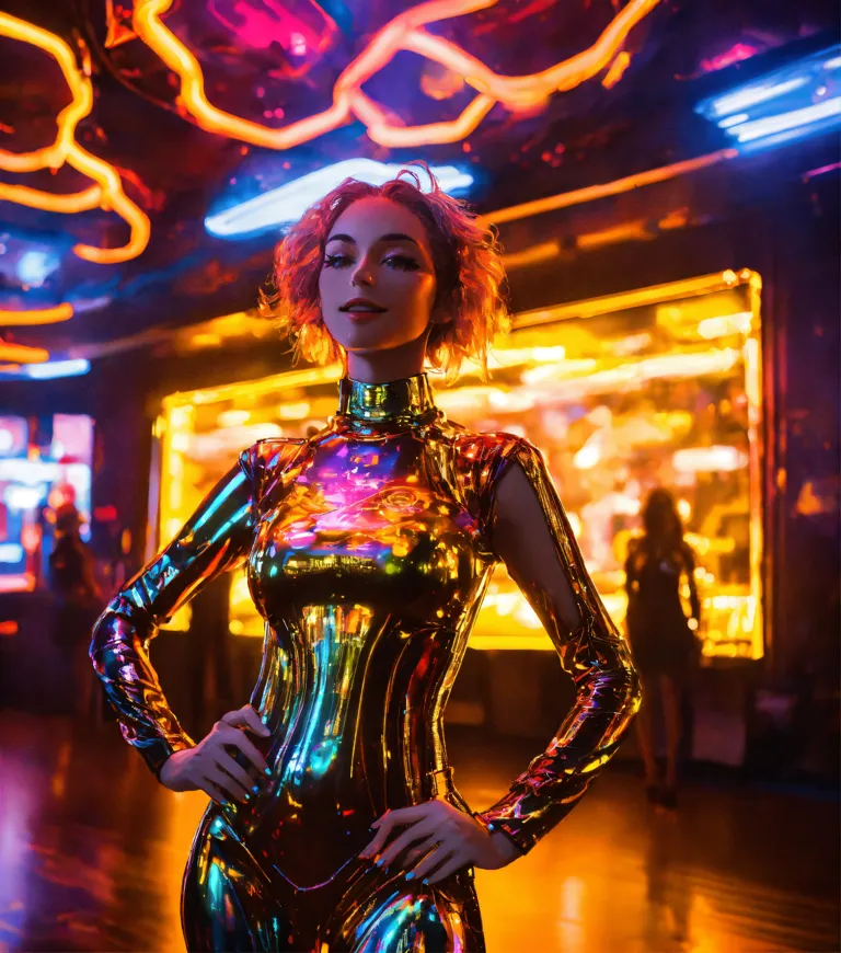Lexica - cuberpunk. retro futurism. neon dress. sci-fi. future. mech punk  clothes