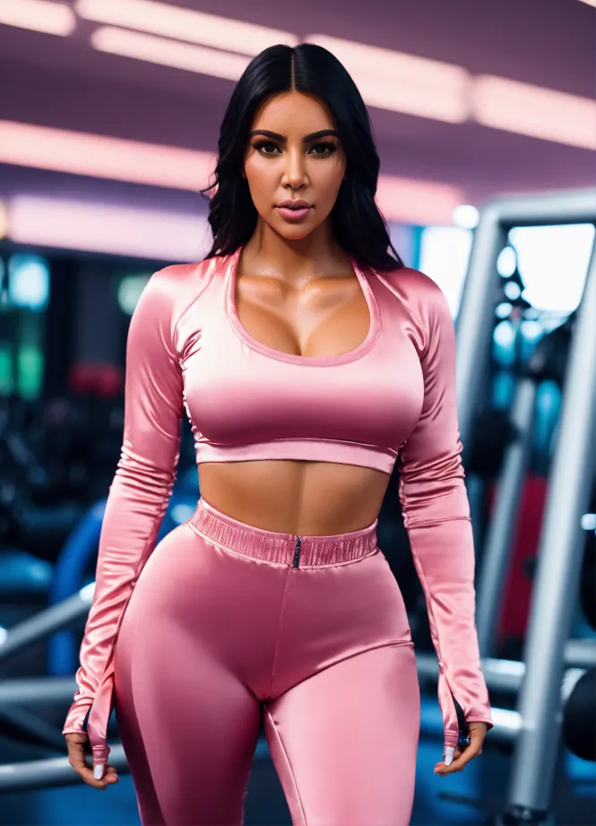 Lexica - Kim Kardashian in a shiny lycra gym outfit. Shiny lycra shorts.  Medium length straight shiny bob. Pretty. Unrealistic body proportions.  Shop