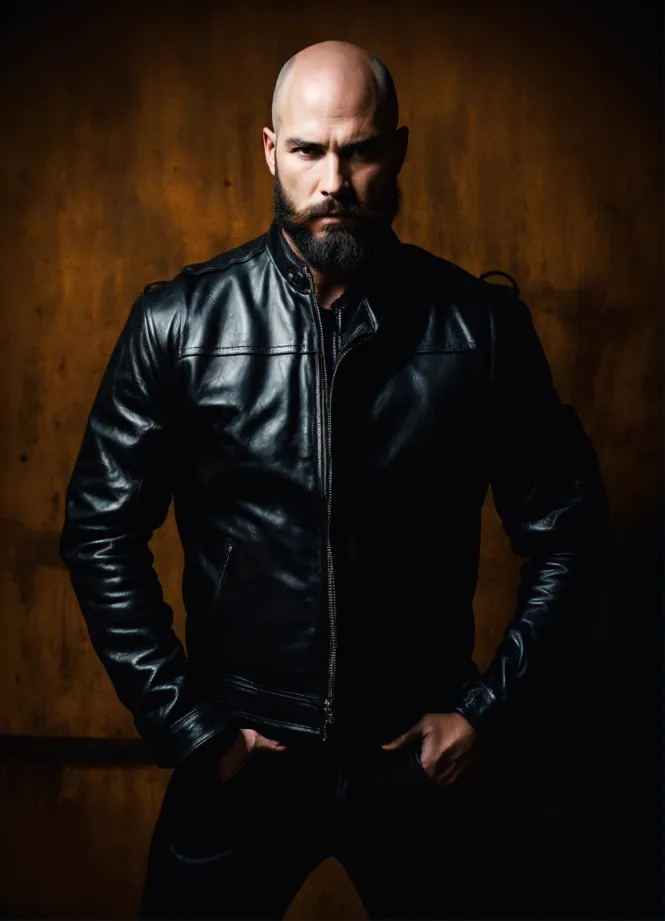 Lexica a tough looking man in ultratight leather with beard and bald head