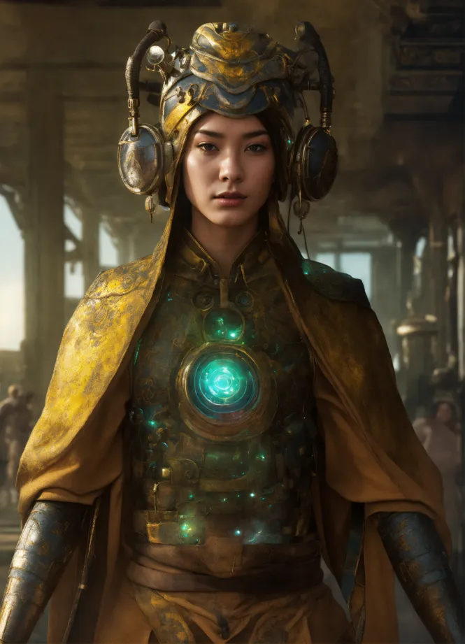 Lexica - yellow with ancient glyphs; bodysuit with cosmic colors & stars;  phylogon chest symbol with a gem; crown-like headgear forged from stars