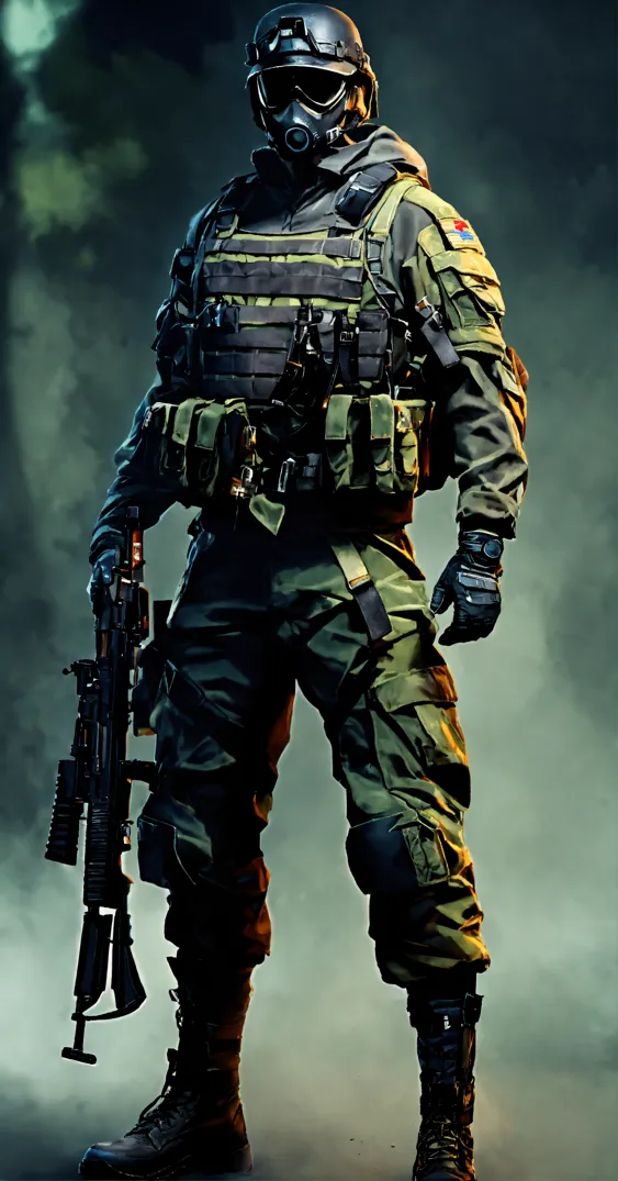 Fuerzas especiales con máscara de uniforme negro y chaleco