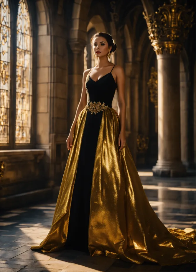 Lexica dressed in black regal gown with gold cape