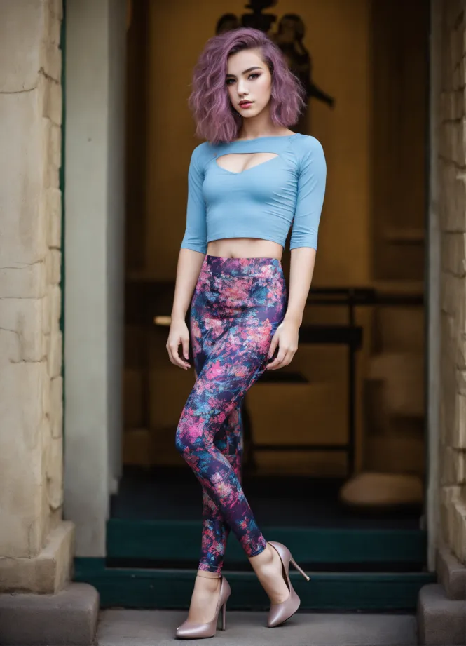 Lexica - patterned leggings and high heels. feminine features