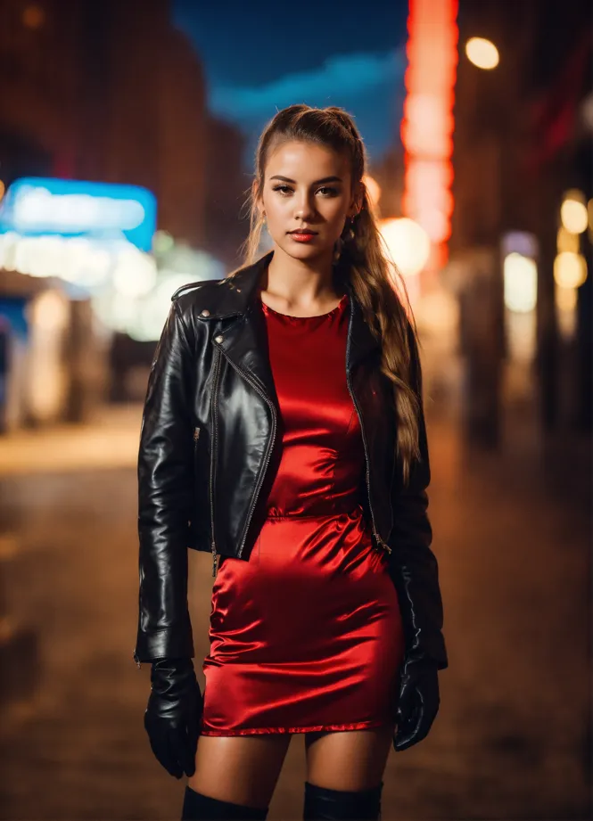 Lexica - wearing a satin dress and black leather jacket and gloves. urban  background in the sky we see the galaxy. full body