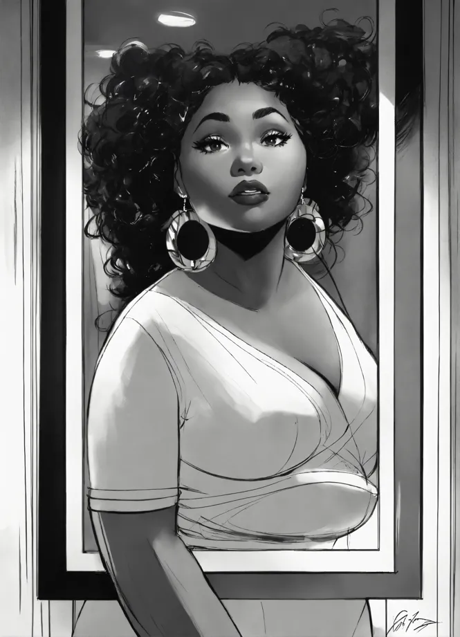 Curvy African American Woman in Elegant Dress Drawing