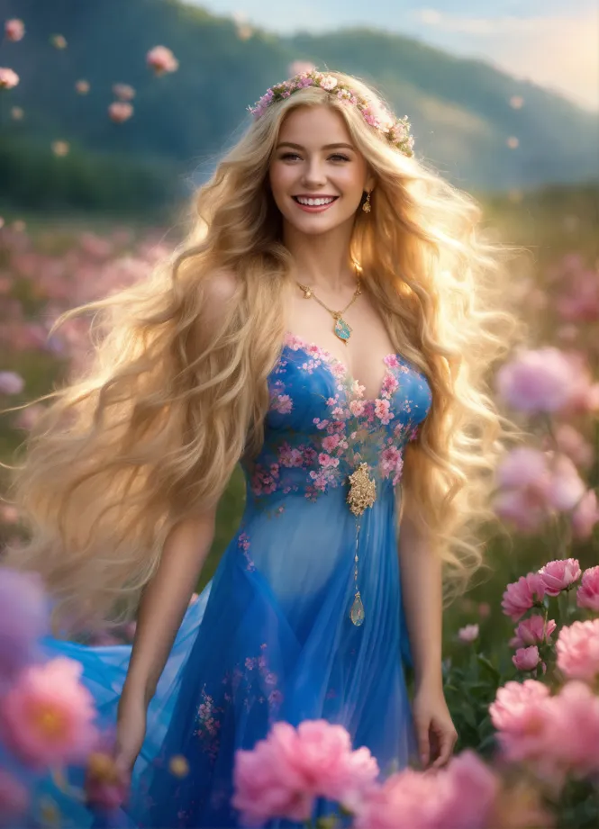 Lexica - woman in a blue dress on field of flowers