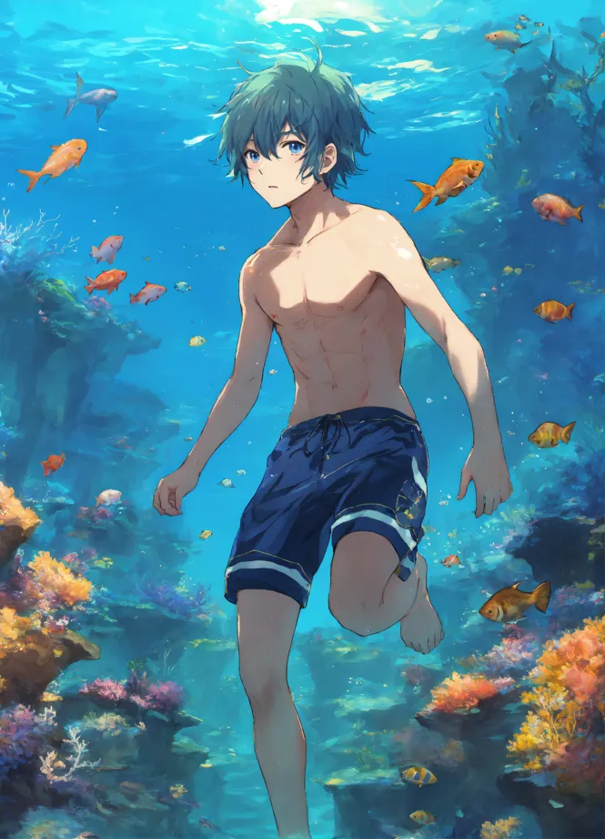 Anime boy store swim trunks