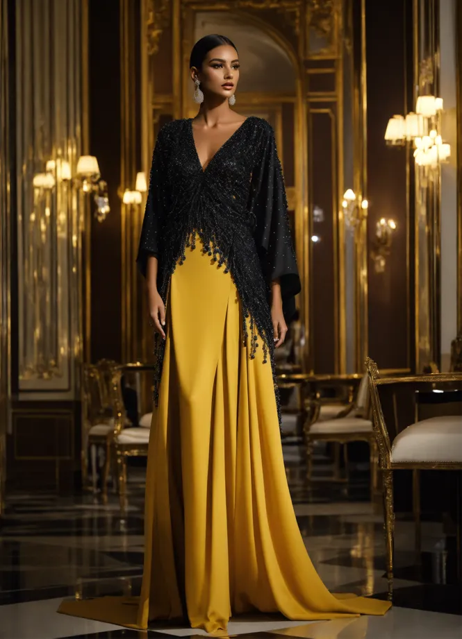 Lexica wearing a black yellow long dress highly detailed