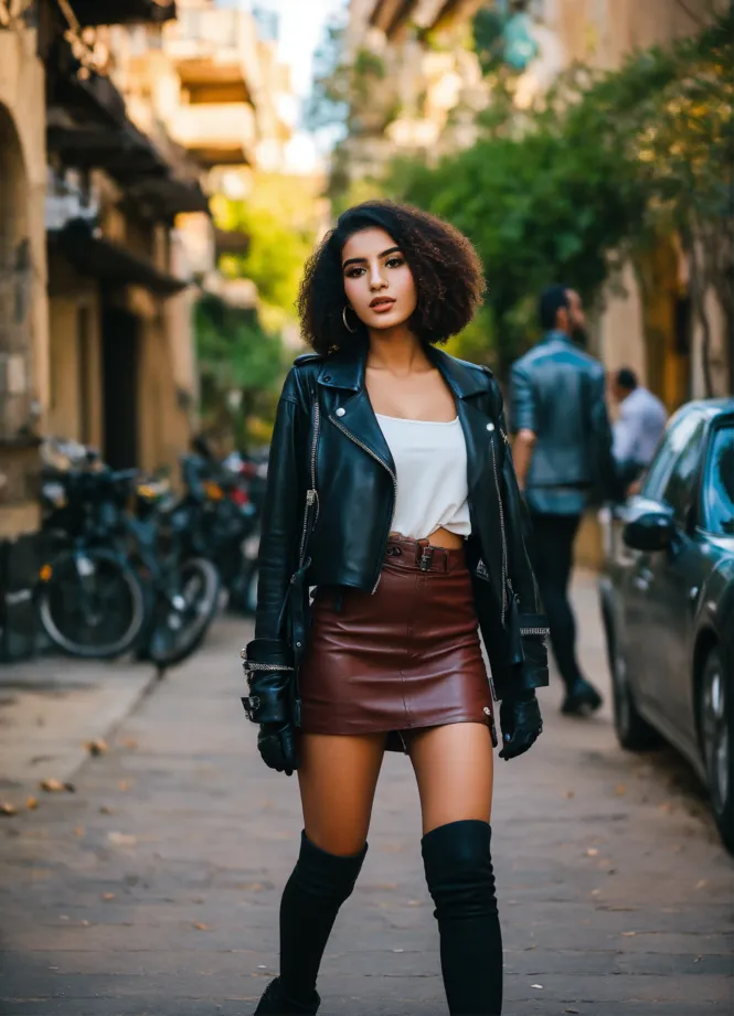 Lexica showcasing a daring ensemble. a black mini skirt and