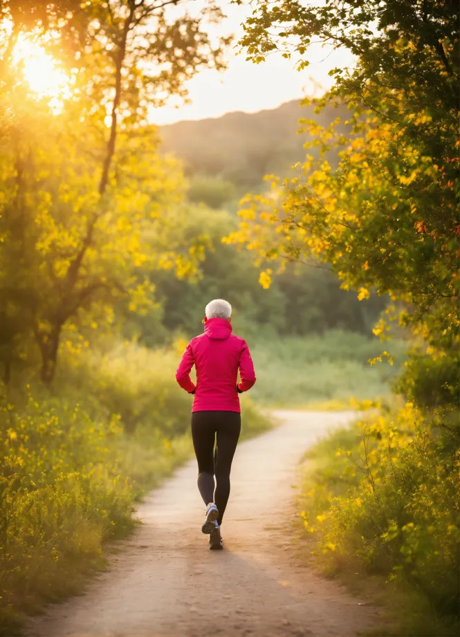 Photorealistic photo, woman in black leggings running in nature on