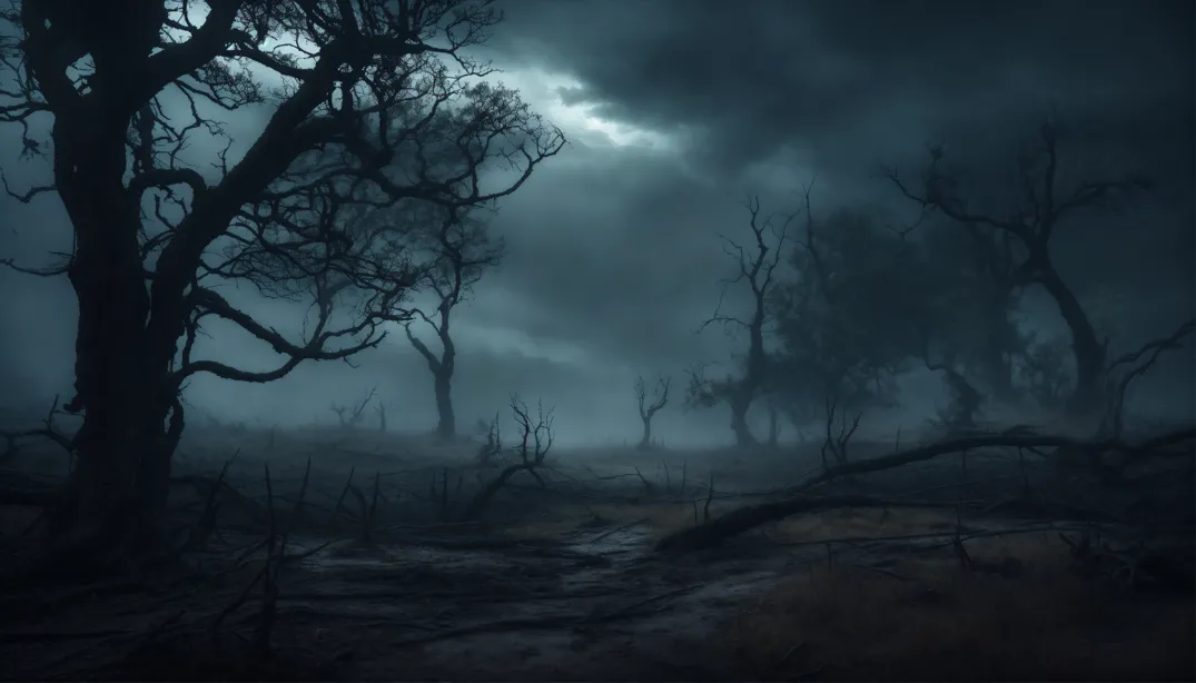 Gloomy, spooky, foggy dark forest landscape. Mysterious horror