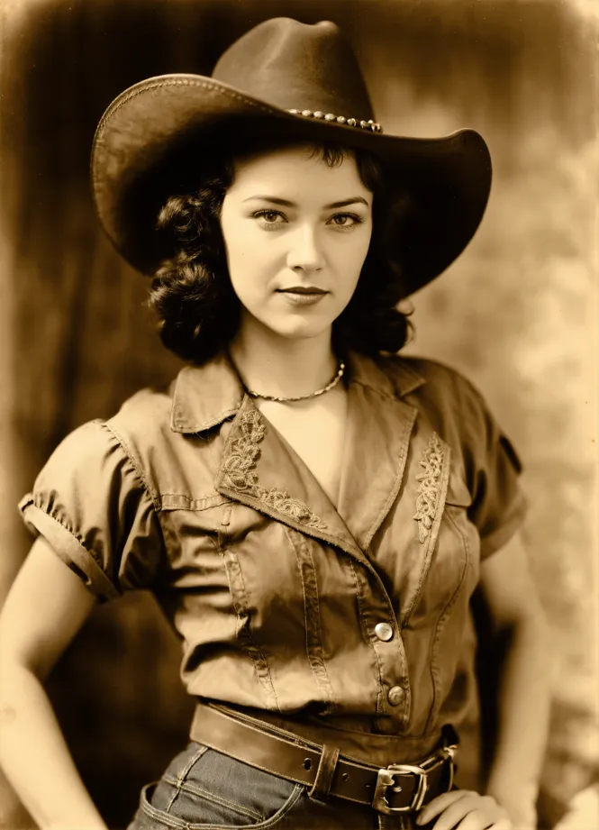 Lexica a southern beauty queen wearing a denim wild west outfit and cowboy hat