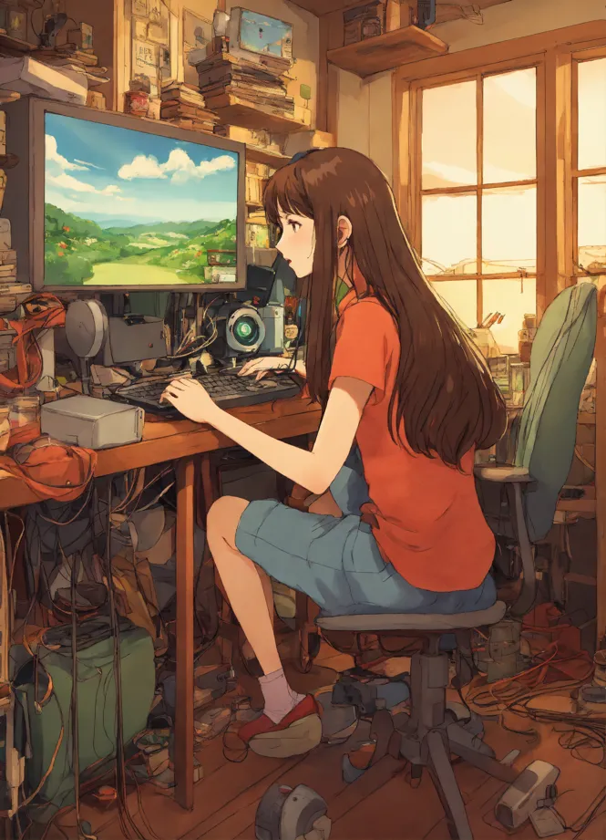 Lexica - create a high resolution artwork of anime girl is programming at a  computer in a room full of gadgets