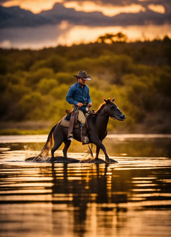 Selling Cowboy riding horse by the lake at Sunset