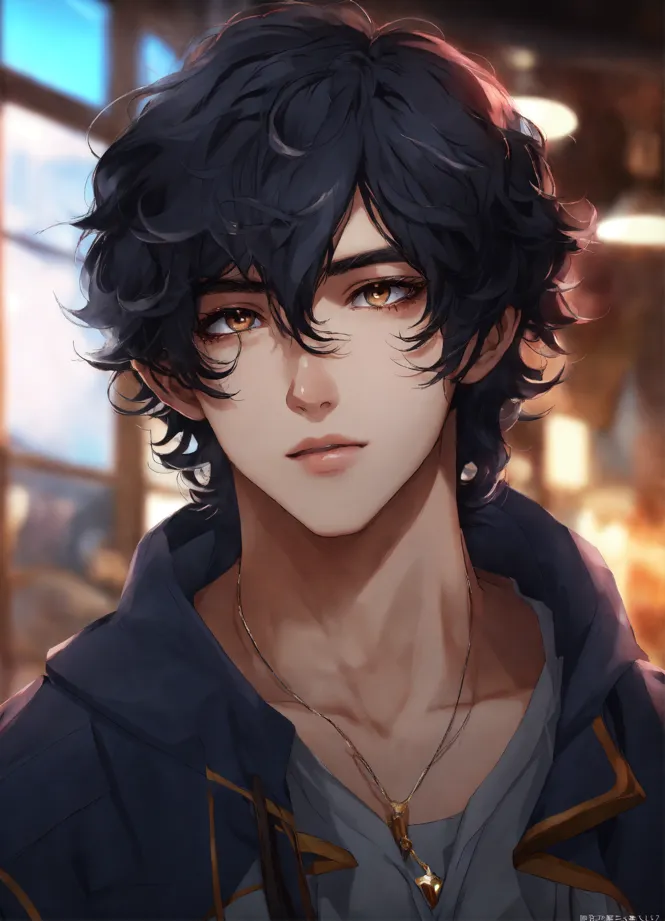 Anime styled, a fit boy with messy hair, brown eyes and black hair