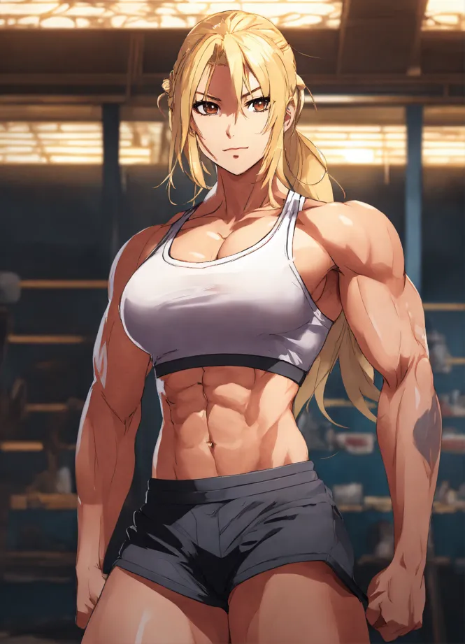 Anime Muscular Female with Huge Breasts and Blond Hair · Creative Fabrica