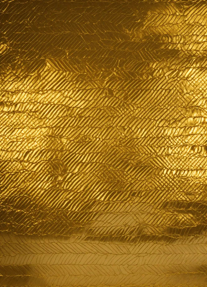 Lexica - A pattern of metallic gold leaves fades into the background