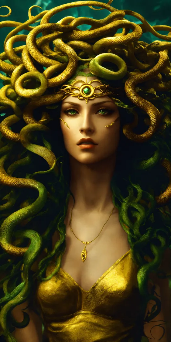 Splash art of beautiful Medusa with snake hair weari
