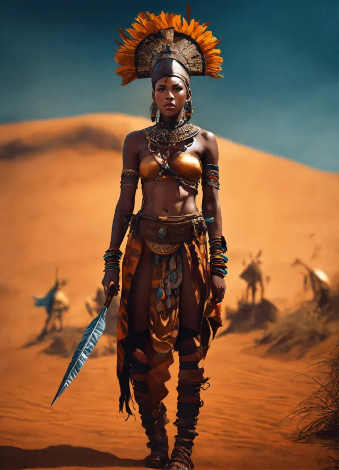 a female tribal warrior in the jungle, african. By