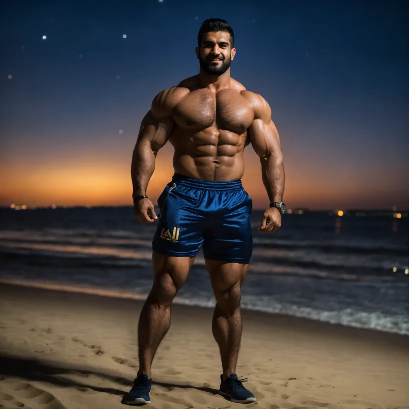 A bulky, muscular guy on the beach