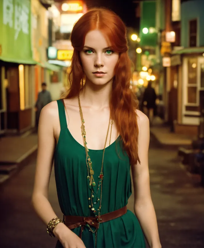 Lexica - photo of a gorgeous young woman with red hair in a flattering green  dress