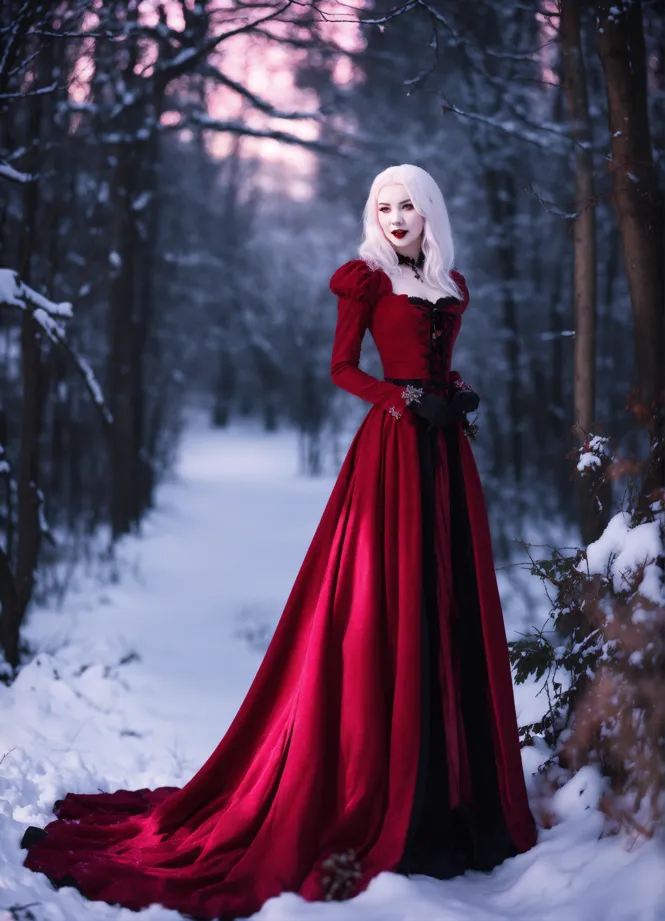 Lexica - a beautiful gothic woman wearing a black long dress stands covered  in snow