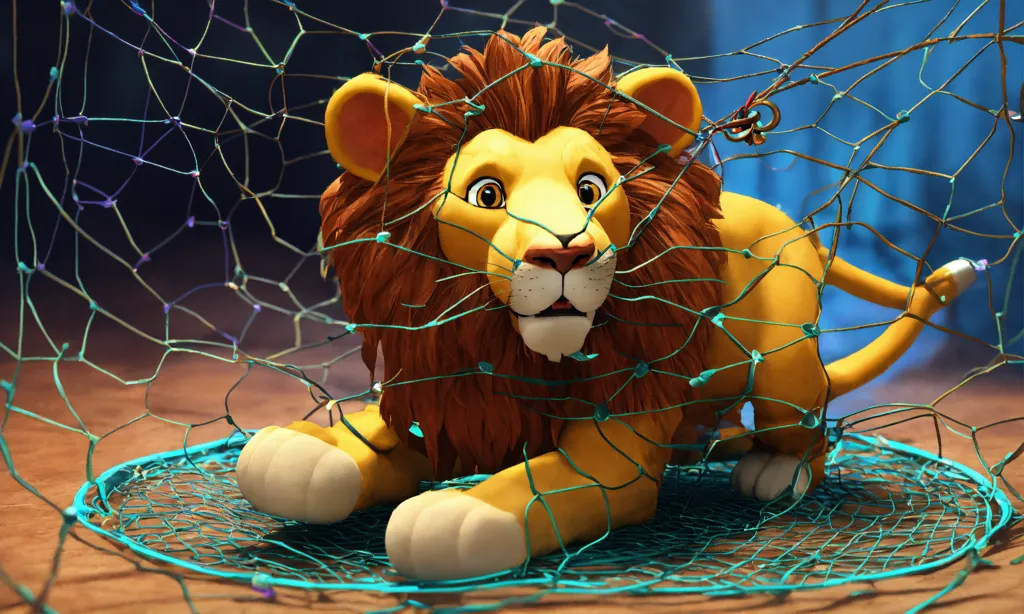Lexica - Cartoon 3d big lion trapped in net and rat cutting net by