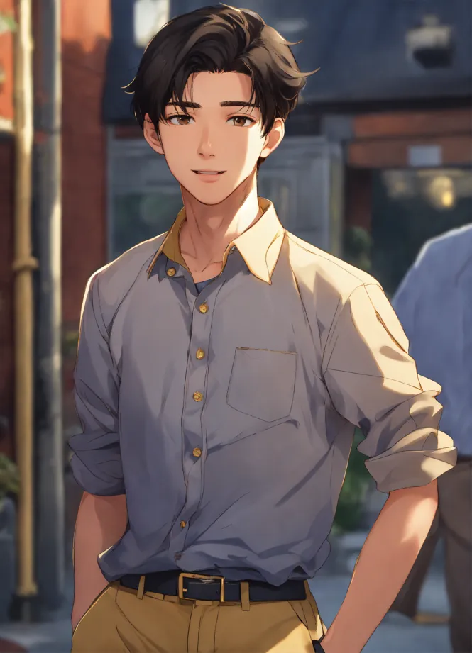 Anime styled, a fit boy with messy hair, brown eyes and black hair