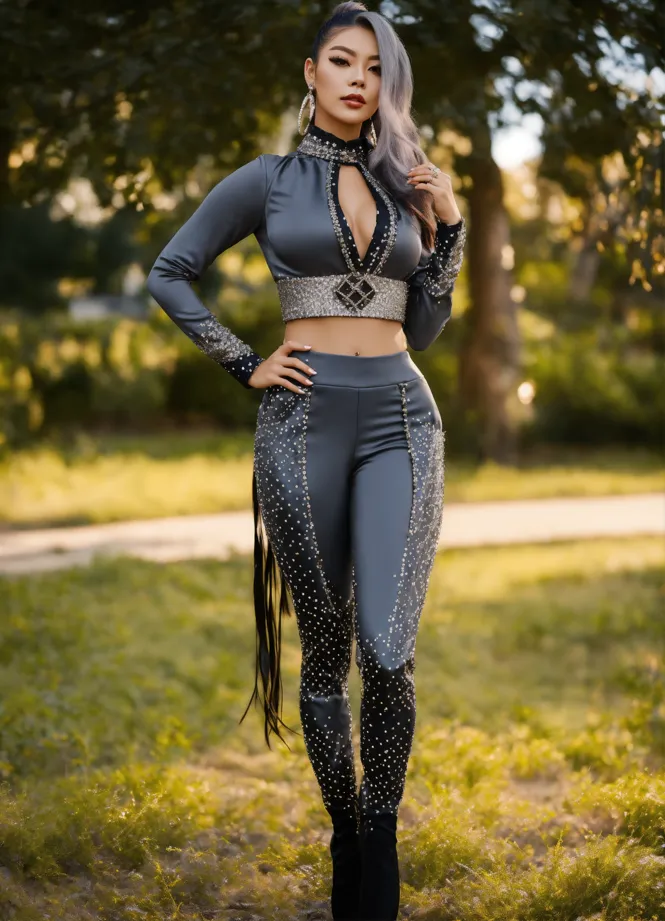 Lexica - wearing matte leather leggings and gray cotton long
