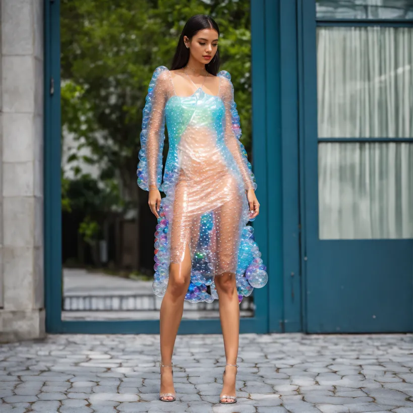 Clear Plastic Micro Mini Dress on Modern Runway, AI Art Generator