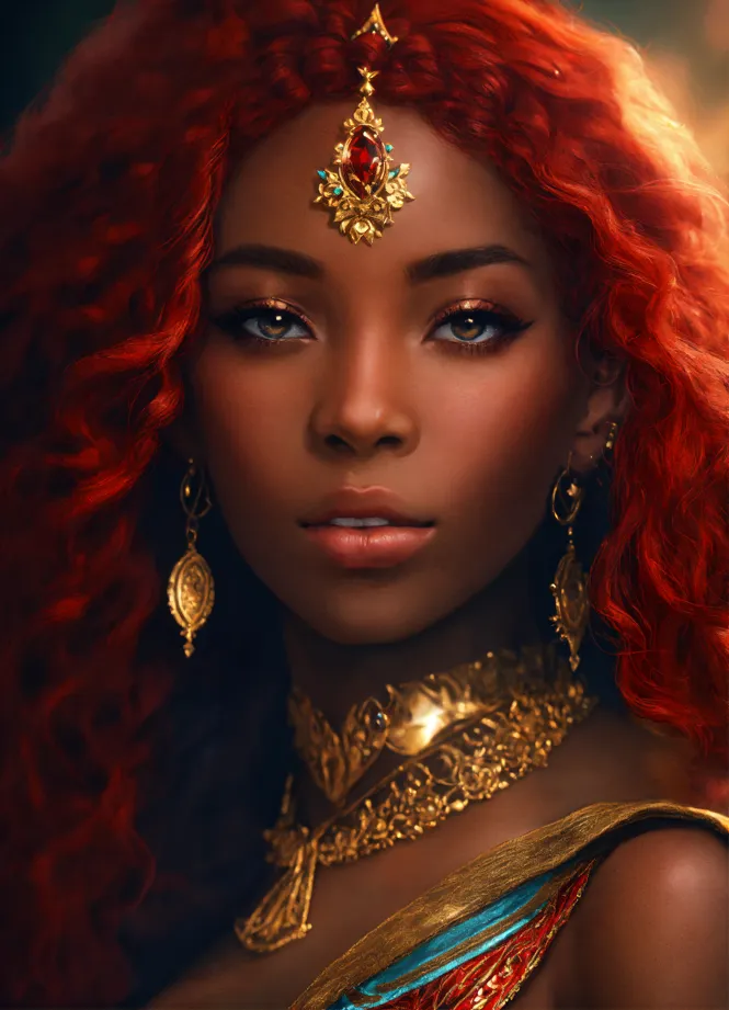 portrait of a beautiful black girl, warrior, red braided hair, h 